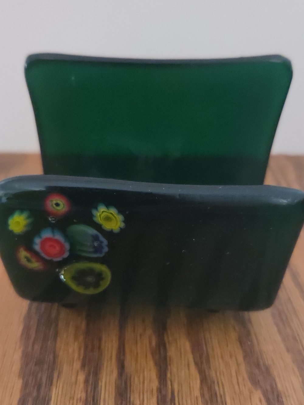 Handmade Green Glass Card Holder with Floral Millefiori Accent
